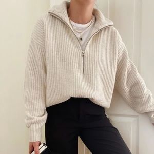 Everlane The Felted Off White Wool Half Zip Sweater